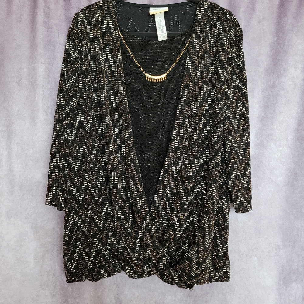 Alfred Dunner women's glittery blouse with necklace size 2x, blk, gold and white
